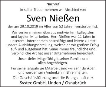 Traueranzeige von Sven Nießen von Neue Osnabrücker Zeitung GmbH & Co. KG