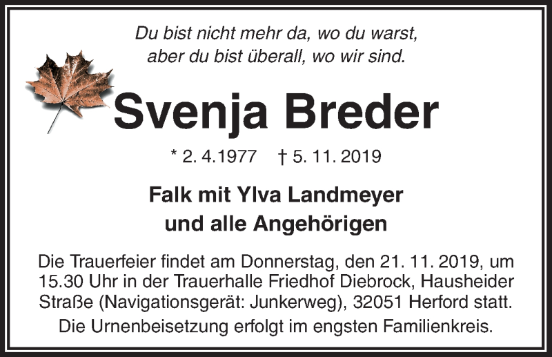  Traueranzeige für Svenja Breder vom 16.11.2019 aus Neue Osnabrücker Zeitung GmbH & Co. KG