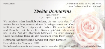 Traueranzeige von Thekla Bonnarens von Neue Osnabrücker Zeitung GmbH & Co. KG