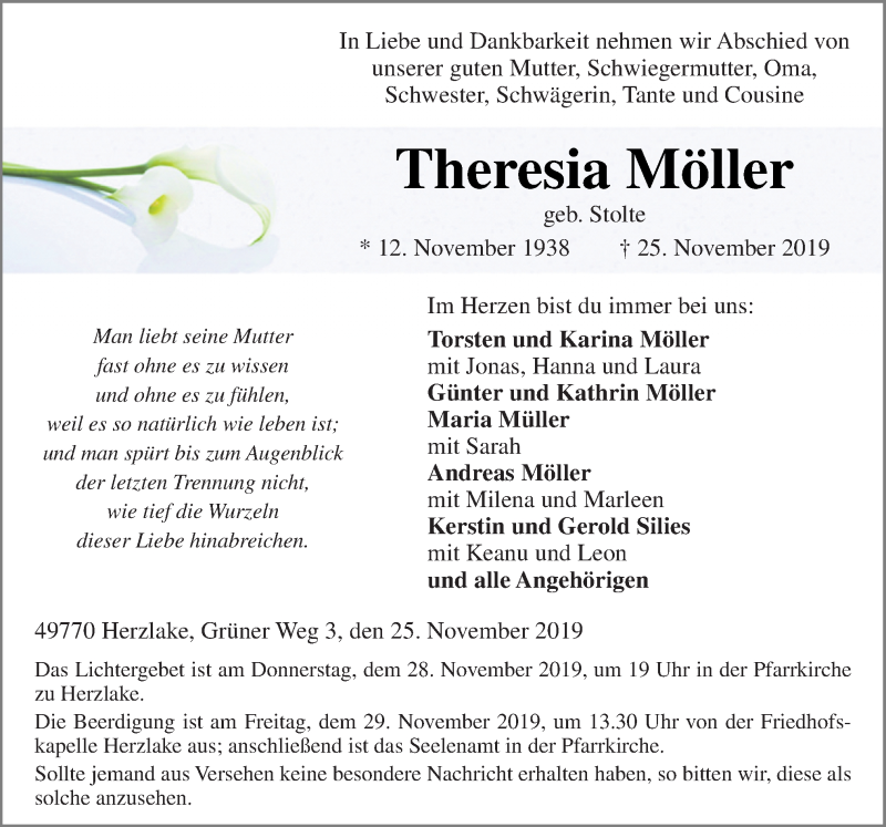  Traueranzeige für Theresia Möller vom 27.11.2019 aus Neue Osnabrücker Zeitung GmbH & Co. KG