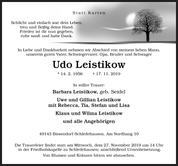 Traueranzeige von Udo Leistikow von Neue Osnabrücker Zeitung GmbH & Co. KG