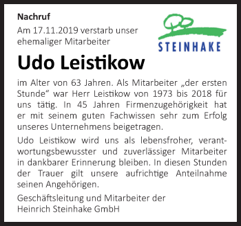 Traueranzeige von Udo Leistikow von Neue Osnabrücker Zeitung GmbH & Co. KG