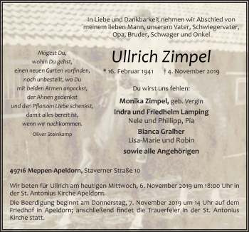 Traueranzeige von Ullrich Zimpel von Neue Osnabrücker Zeitung GmbH & Co. KG