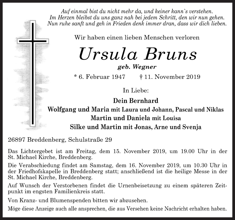  Traueranzeige für Ursula Bruns vom 13.11.2019 aus Neue Osnabrücker Zeitung GmbH & Co. KG