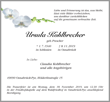 Traueranzeige von Ursula Kohlbrecher von Neue Osnabrücker Zeitung GmbH & Co. KG