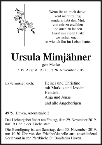 Traueranzeige von Ursula Mimjähner von Neue Osnabrücker Zeitung GmbH & Co. KG