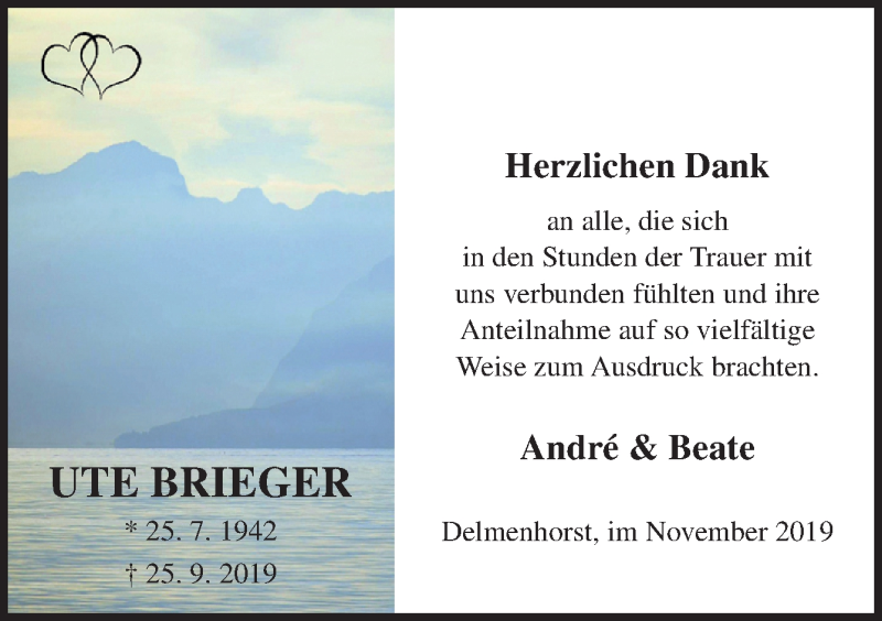  Traueranzeige für Ute Brieger vom 09.11.2019 aus Neue Osnabrücker Zeitung GmbH & Co. KG