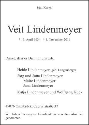 Traueranzeige von Veit Lindenmeyer von Neue Osnabrücker Zeitung GmbH & Co. KG