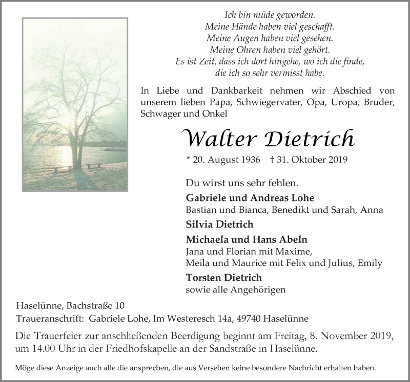 Traueranzeige für Walter Dietrich vom 04.11.2019 aus Neue Osnabrücker Zeitung GmbH & Co. KG