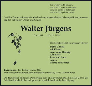 Traueranzeige von Walter Jürgens von Neue Osnabrücker Zeitung GmbH & Co. KG
