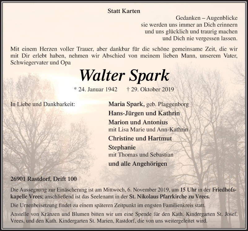  Traueranzeige für Walter Spark vom 02.11.2019 aus Neue Osnabrücker Zeitung GmbH & Co. KG