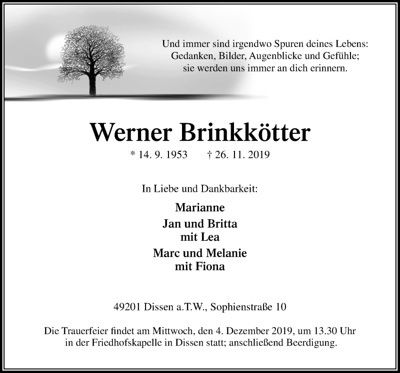  Traueranzeige für Werner Brinkkötter vom 30.11.2019 aus Neue Osnabrücker Zeitung GmbH & Co. KG