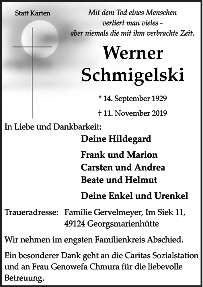  Traueranzeige für Werner Schmigelski vom 16.11.2019 aus Neue Osnabrücker Zeitung GmbH & Co. KG
