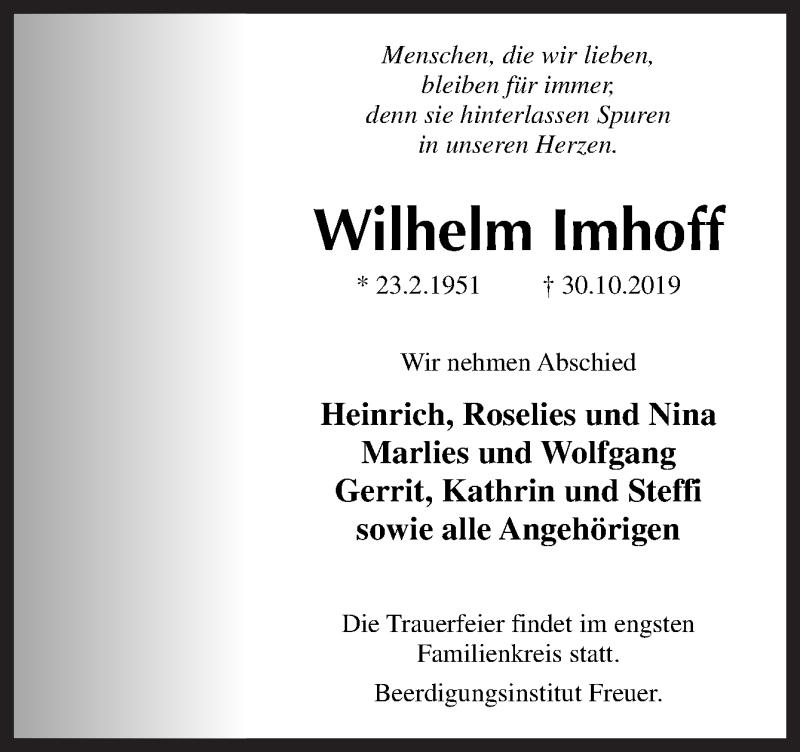  Traueranzeige für Wilhelm Imhoff vom 02.11.2019 aus Neue Osnabrücker Zeitung GmbH & Co. KG