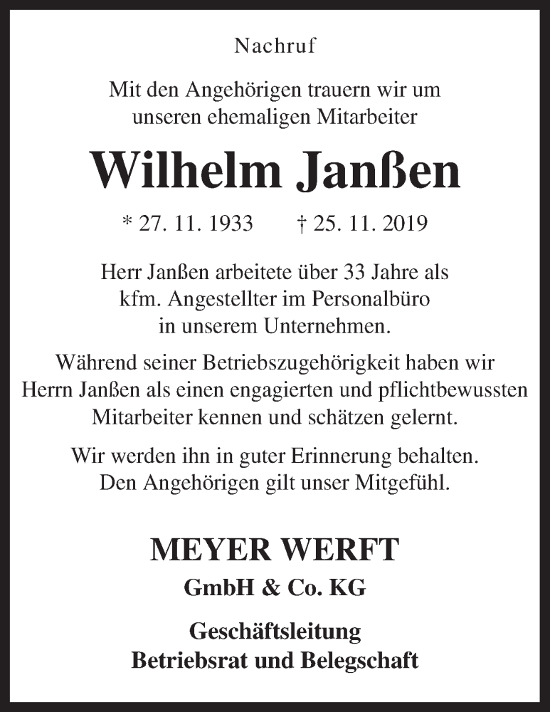 Traueranzeige für Wilhelm Janßen vom 30.11.2019 aus Neue Osnabrücker Zeitung GmbH & Co. KG