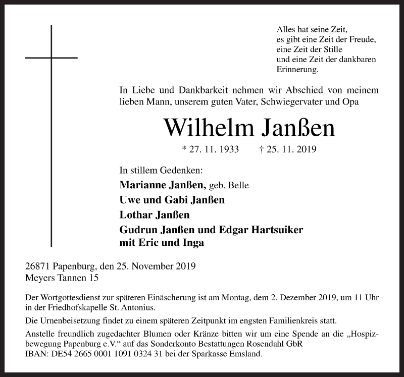  Traueranzeige für Wilhelm Janßen vom 28.11.2019 aus Neue Osnabrücker Zeitung GmbH & Co. KG