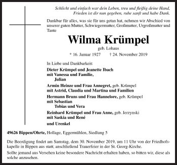 Traueranzeige von Wilma Krümpel von Neue Osnabrücker Zeitung GmbH & Co. KG
