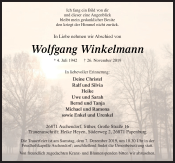 Traueranzeige von Wolfgang Winkelmann von Neue Osnabrücker Zeitung GmbH & Co. KG