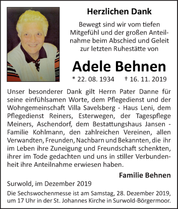 Traueranzeige von Adele Behnen von Neue Osnabrücker Zeitung GmbH & Co. KG