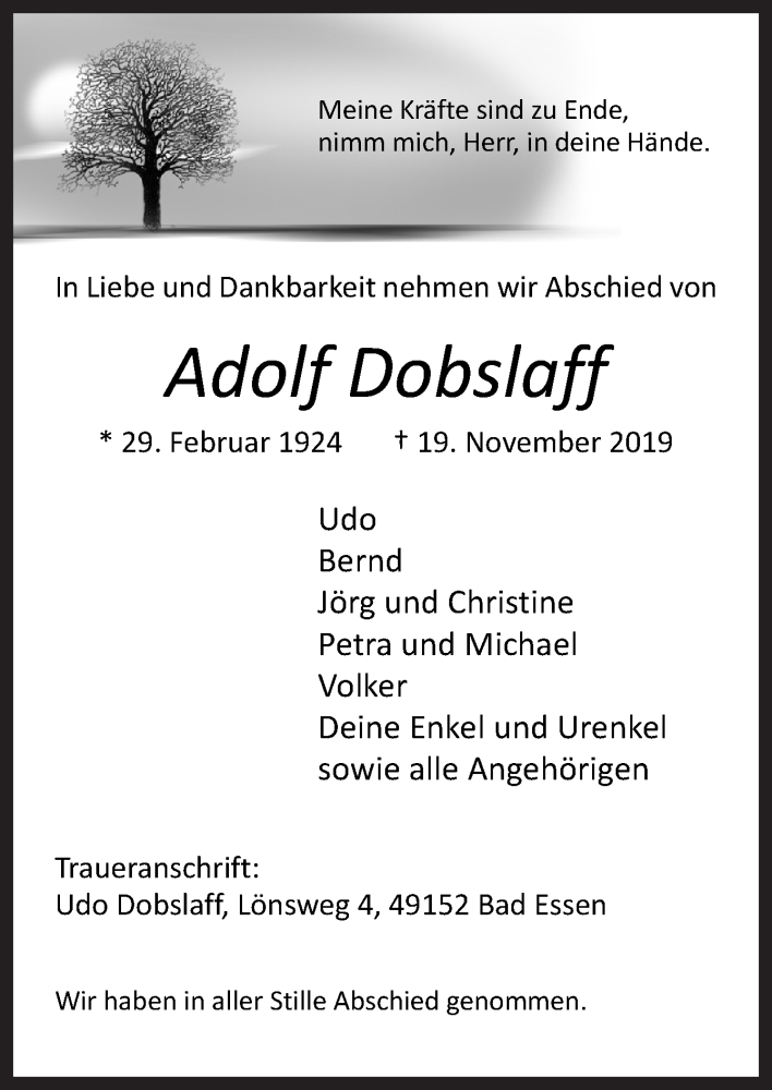  Traueranzeige für Adolf Dobslaff vom 03.12.2019 aus Neue Osnabrücker Zeitung GmbH & Co. KG