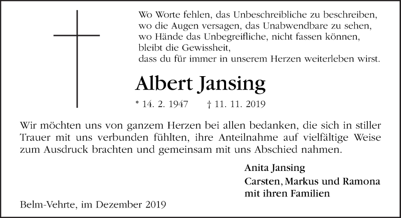  Traueranzeige für Albert Jansing vom 21.12.2019 aus Neue Osnabrücker Zeitung GmbH & Co. KG