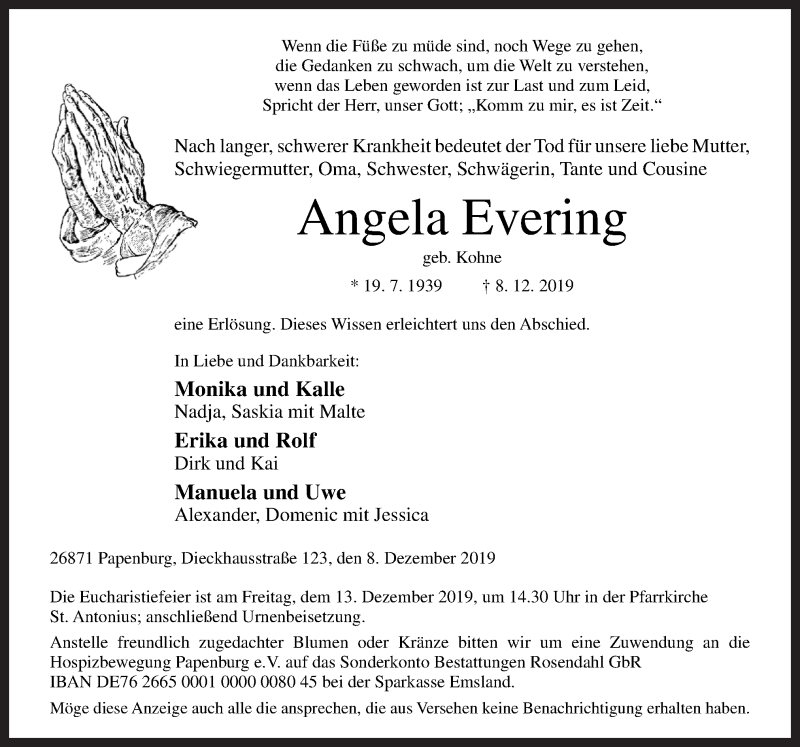 Traueranzeigen von Angela Evering | noz Trauerportal