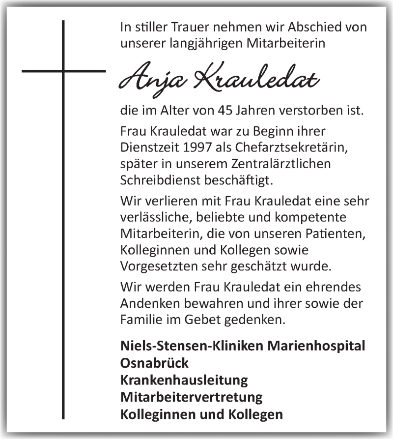  Traueranzeige für Anja Krauledat vom 13.12.2019 aus Neue Osnabrücker Zeitung GmbH & Co. KG