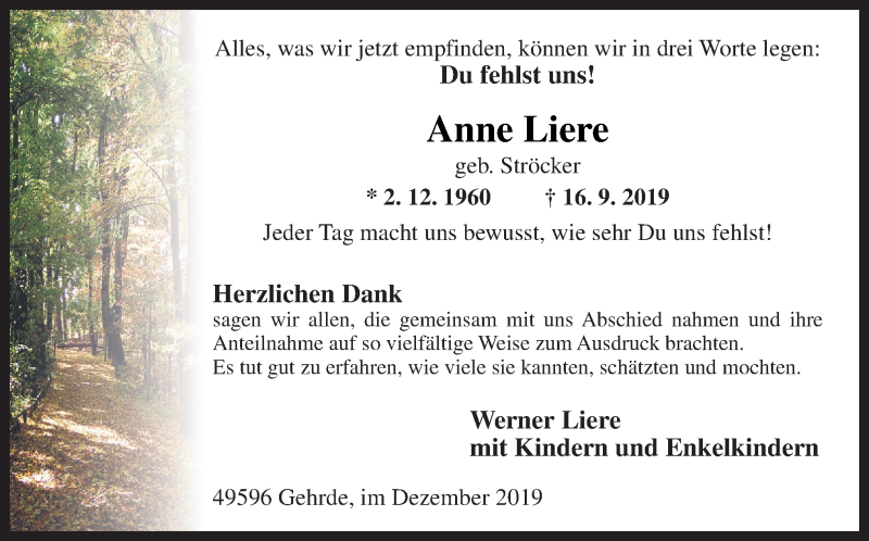  Traueranzeige für Anne Liere vom 14.12.2019 aus Neue Osnabrücker Zeitung GmbH & Co. KG