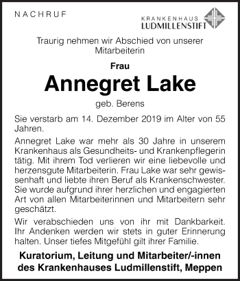 Traueranzeige von Annegret Lake von Neue Osnabrücker Zeitung GmbH & Co. KG