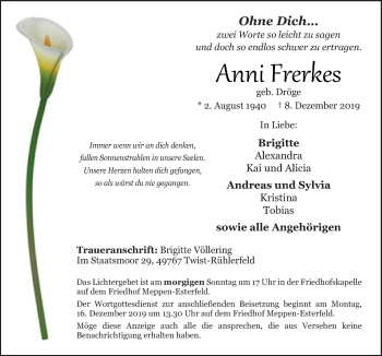 Traueranzeige von Anni Frerkes von Neue Osnabrücker Zeitung GmbH & Co. KG