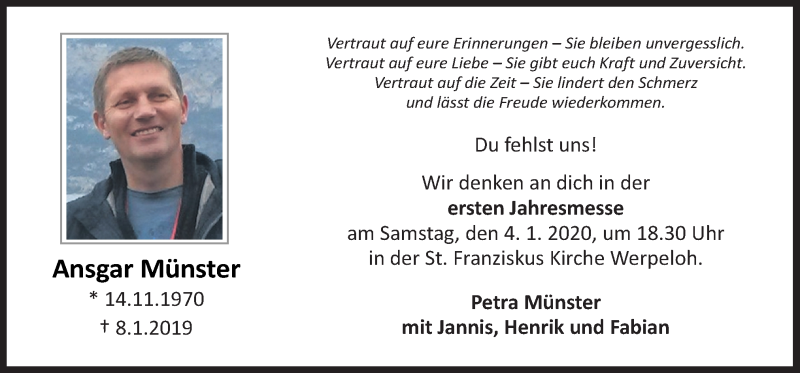  Traueranzeige für Ansgar Münster vom 30.12.2019 aus Neue Osnabrücker Zeitung GmbH & Co. KG