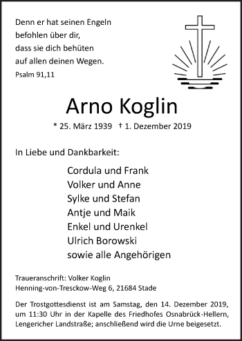 Traueranzeige von Arno Koglin von Neue Osnabrücker Zeitung GmbH & Co. KG