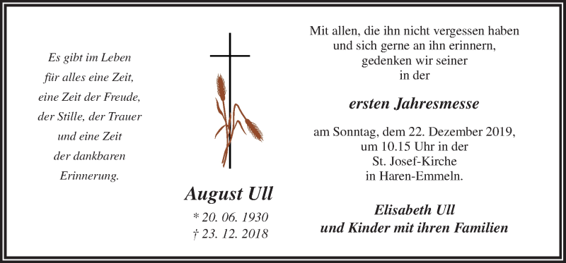  Traueranzeige für August Ull vom 17.12.2019 aus Neue Osnabrücker Zeitung GmbH & Co. KG