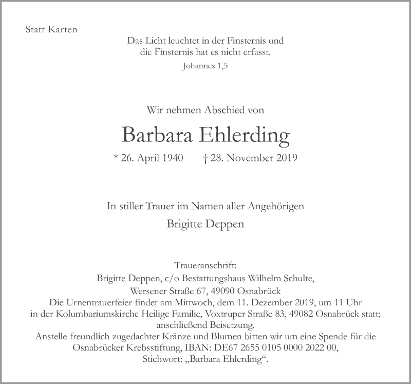  Traueranzeige für Barbara Ehlerding vom 04.12.2019 aus Neue Osnabrücker Zeitung GmbH & Co. KG
