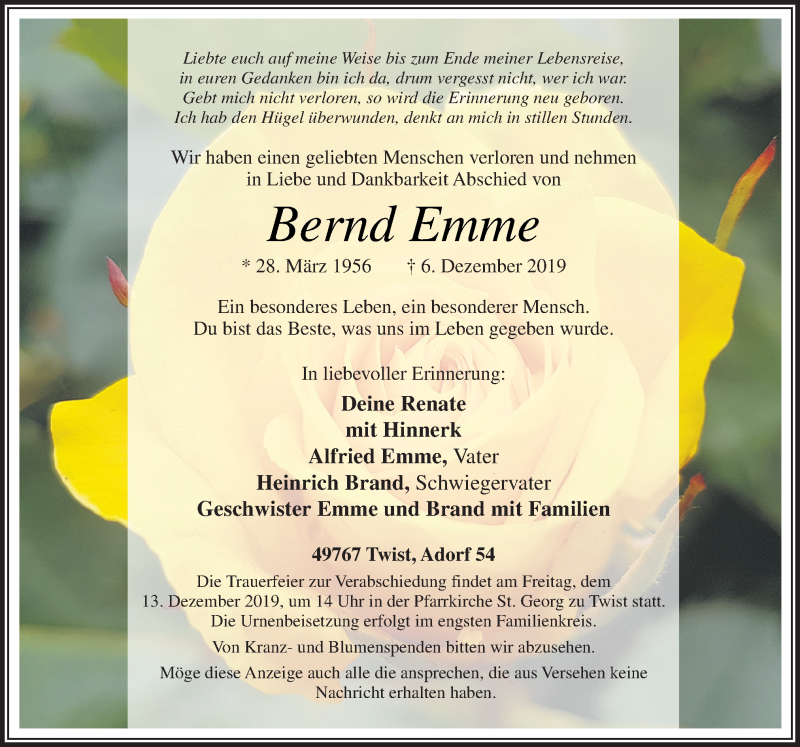  Traueranzeige für Bernd Emme vom 10.12.2019 aus Neue Osnabrücker Zeitung GmbH & Co. KG