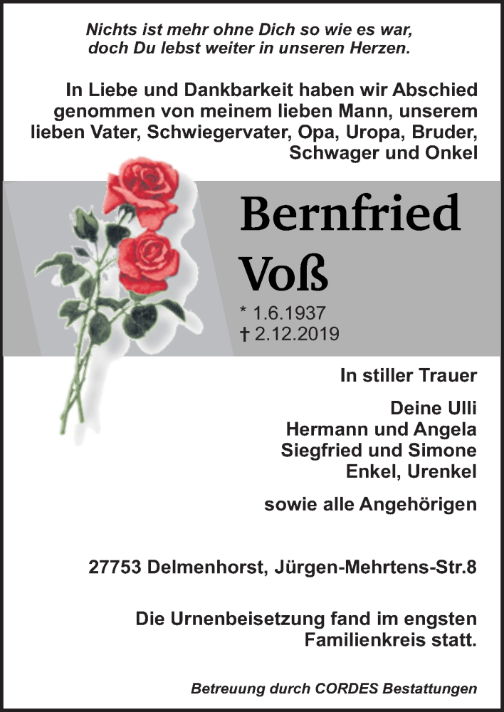 Traueranzeige für Bernfried Voß vom 19.12.2019 aus Neue Osnabrücker Zeitung GmbH & Co. KG