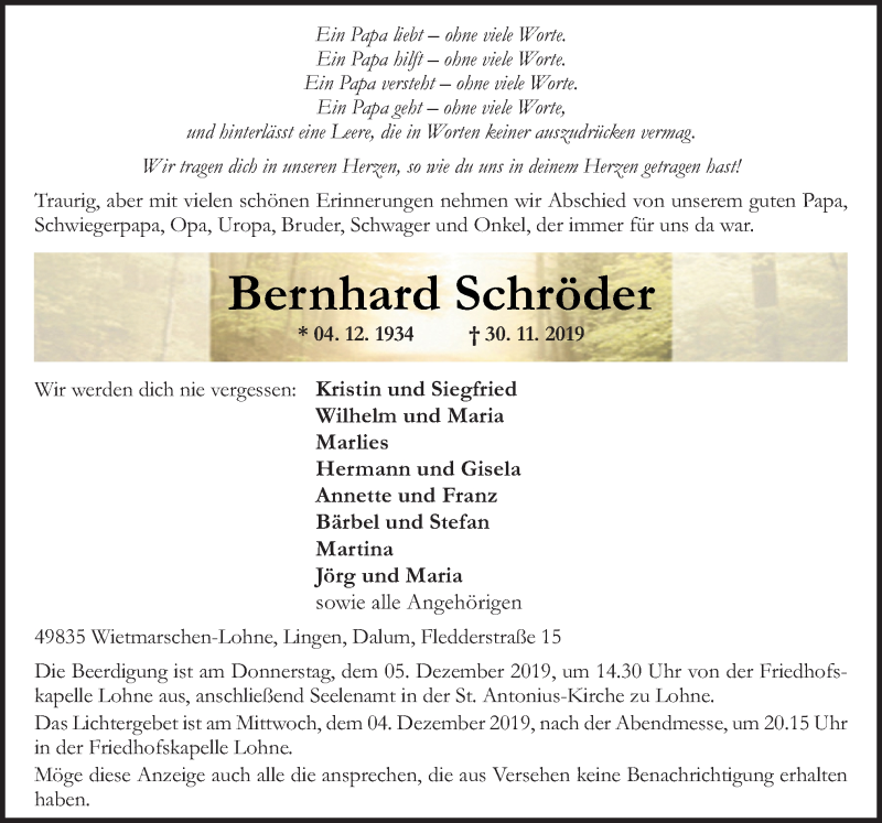  Traueranzeige für Bernhard Schröder vom 03.12.2019 aus Neue Osnabrücker Zeitung GmbH & Co. KG