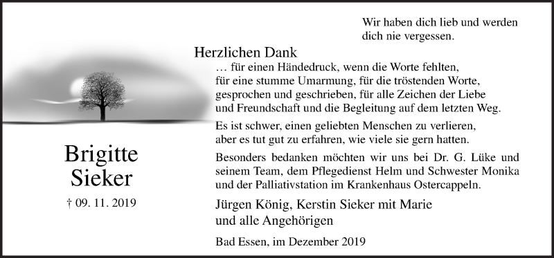  Traueranzeige für Brigitte Sieker vom 14.12.2019 aus Neue Osnabrücker Zeitung GmbH & Co. KG