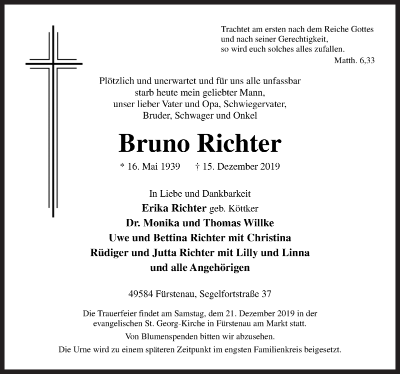  Traueranzeige für Bruno Richter vom 18.12.2019 aus Neue Osnabrücker Zeitung GmbH & Co. KG