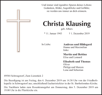 Traueranzeige von Christa Klausing von Neue Osnabrücker Zeitung GmbH & Co. KG