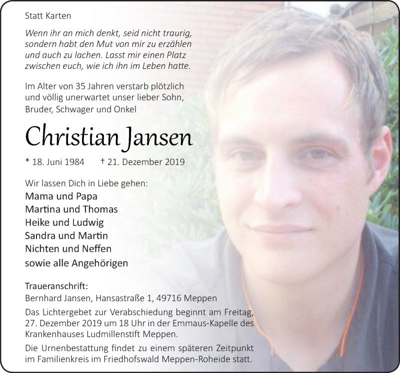  Traueranzeige für Christian jansen vom 24.12.2019 aus Neue Osnabrücker Zeitung GmbH & Co. KG