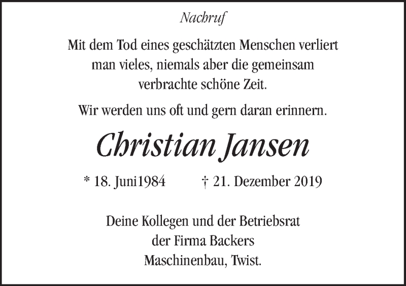  Traueranzeige für Christian jansen vom 28.12.2019 aus Neue Osnabrücker Zeitung GmbH & Co. KG