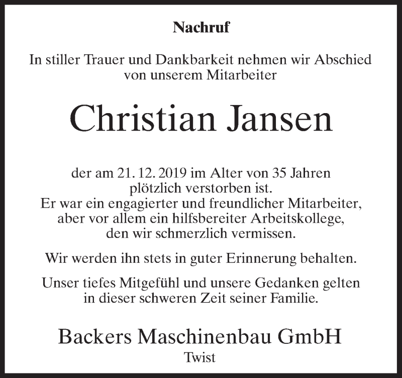  Traueranzeige für Christian jansen vom 30.12.2019 aus Neue Osnabrücker Zeitung GmbH & Co. KG