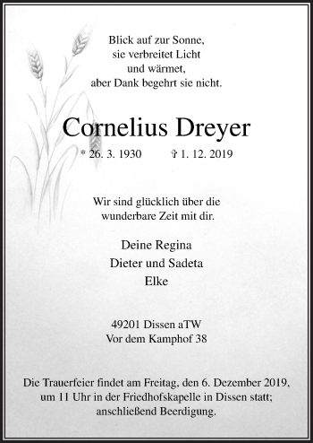 Traueranzeige von Cornelius Dreyer von Neue Osnabrücker Zeitung GmbH & Co. KG