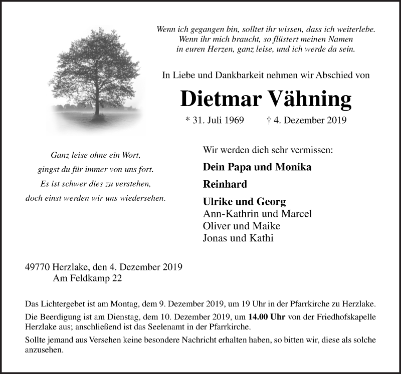  Traueranzeige für Dietmar Vähning vom 07.12.2019 aus Neue Osnabrücker Zeitung GmbH & Co. KG