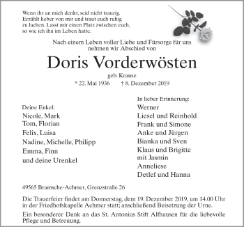 Traueranzeige von Doris Vorderwösten von Neue Osnabrücker Zeitung GmbH & Co. KG