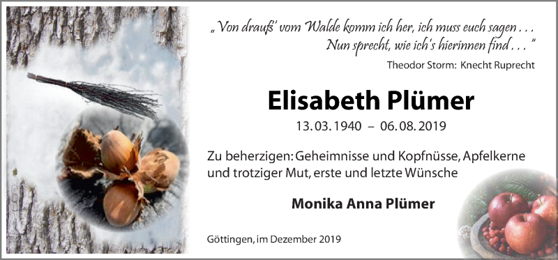  Traueranzeige für Elisabeth Plümer vom 06.12.2019 aus Neue Osnabrücker Zeitung GmbH & Co. KG