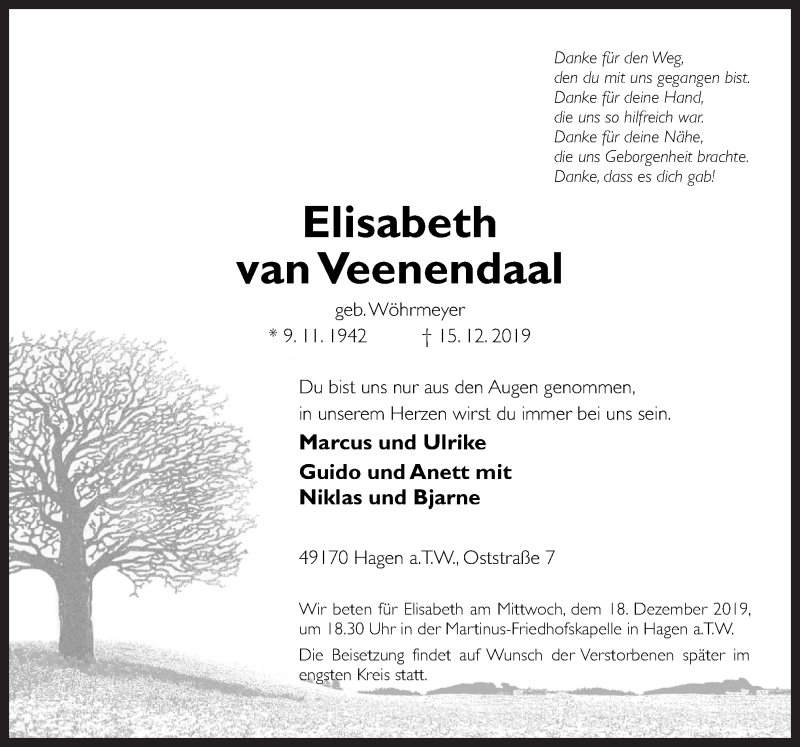  Traueranzeige für Elisabeth van Veenendaal vom 17.12.2019 aus Neue Osnabrücker Zeitung GmbH & Co. KG