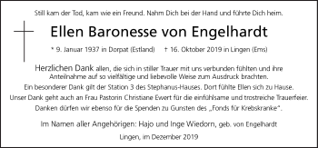 Traueranzeige von Ellen Baronesse von Engelhardt von Neue Osnabrücker Zeitung GmbH & Co. KG