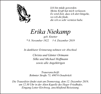 Traueranzeige von Erika Niekamp von Neue Osnabrücker Zeitung GmbH & Co. KG